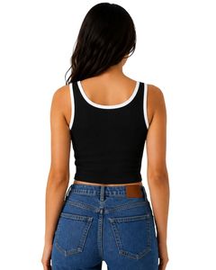 Black Women Ribbed <b>Crop</b> Tank <b>Top</b> White Trim Sleeveless V Neck Slim Fit Casual Summer Stretch Cotton Vest Fashion Ladies <b>Tops</b> - Product Image 2