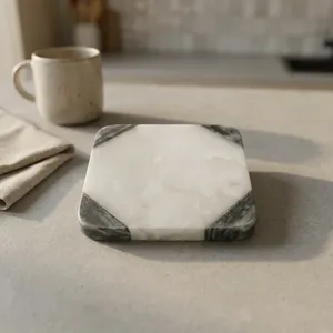 Posavasos Cuadrado de Mármol Blanco Hecho a Mano con Incrustaciones de Piedra Gris Natural, Resistente al Calor, Protector de Mesa para Hogar y Oficina - Product Image 4