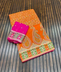 Sari de Pashmina Pura con Jacquard de Seda, Obra Maestra del Patrimonio, con Borde Mango, Sari de Belleza Tejido con Meenakari Regal, Sari de Diseñador con Pallu Rico - Product Image 1