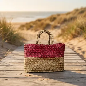 Panier rectangulaire en herbe tressé à la main avec bordure festive et poignée (rouge) – Rangement écologique et élégant d'Orissa - Product Image 1