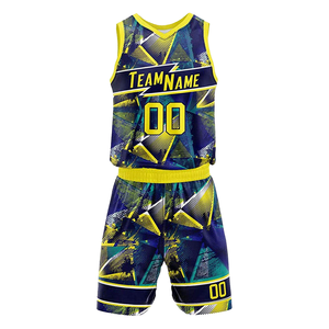 Ensemble de maillots de basket-ball sublimés personnalisés, col en V, sans manches, imprimé géométrique, évacuation de l'humidité, extensible dans quatre directions, respirant, athlétique - Product Image 1