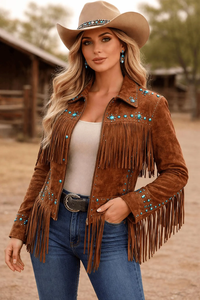 Chaleco sin mangas de cuero genuino y lona para mujer, estilo vintage, con flecos, cierre de un botón, cuello en V, cortavientos - Product Image 3