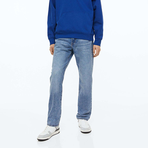 Jean en denim délavé bleu classique pour homme, coupe droite, poids moyen, respirant, écologique, style décontracté vintage streetwear - Product Image 1