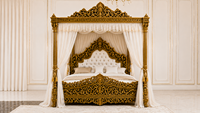 Ensemble de meubles de lit en teck de luxe moderne, taille standard, personnalisable, avec lit à baldaquin doré richement sculpté, tables de chevet et quatre meubles de maison