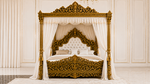 Cama King Size de Lujo Estilo Rococó Francés y Juego de Muebles, Cama con Dosel Dorado de Tallado Elaborado con Mesitas de Noche, Compre una Suite de Dormitorio con Cama de Cuatro Postes - Product Image 2