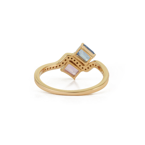 Bague Toi et Moi Ondulée en Or Jaune 14K Massif avec Saphirs Multicolores et Diamants Taille Octogonale 5x4mm 100% Naturels – Design Unique - Product Image 6