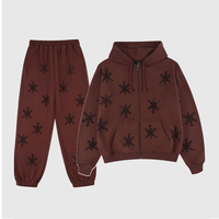 Sweat-shirt unisexe marron à capuche et fermeture éclair, imprimé étoile noire par transfert thermique, manches longues, décontracté, pour l'hiver, 100 % coton, anti-boulochage