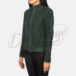 Premium Women Dark Green <b>Suede</b> Leather <b>Jacket</b> Slim Fit Soft Goat <b>Suede</b> Moto <b>Jacket</b> Elegant Collarless Casual Outerwear - Product Image 4