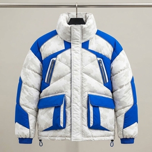 <b>Mens</b> Color Block Puffer <b>Jacket</b> Quilted Winter Coat Blue White Insulated Full Zip Utility Pocket Outdoor Fashion <b>Jacket</b> - Product Image 2