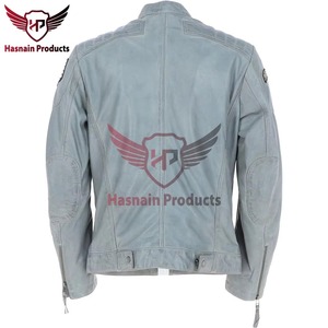 Chaqueta de cuero auténtico gris para hombre, estilo motero, con parches, bordado, insignias personalizadas, abrigo de invierno ajustado de piel de vaca - Product Image 4
