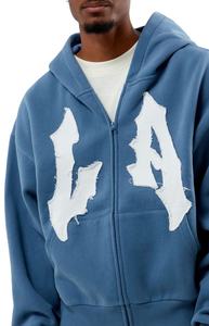 Men's Blue Oversized <b>Zip</b>-<b>Up</b> Hoodie With <b>White</b> LA Puff Print Front Casual Fleece Sweatshirt - Product Image 5