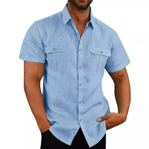 Chemise décontractée en coton et lin pour homme, manches courtes, respirante, taille XL, col rabattu, couleur unie, poches, sergé – Vente en gros pour l'été - Product Image 5