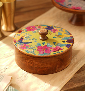Acacia Wooden handmade Casseroles <b>pot</b> Household Dinnerware Decor Chapati Storage & Serving <b>pot</b> with Enamel Print <b>Lid</b> - Product Image 5