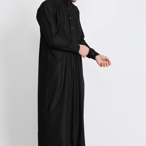 <b>Men's</b> Black Cotton <b>Thobe</b> Short Sleeve Floor Length Shirt Collar Modest Islamic Prayer Wear All Seasons Solid Color Loose - Product Image 1