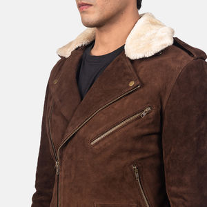 Chaqueta de cuero de gamuza para hombre, estilo motero, con cuello alto, logo frontal, forro de piel extraíble, para carreras, estilo café, moda motociclista, casual, de invierno - Product Image 3