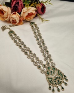 Traditional Flower Motif Dual Layer Long Necklace Earrings And Mangtika <b>Set</b> <b>For</b> Women Designer Fashion <b>Jewellery</b> <b>Set</b> Collections - Product Image 2