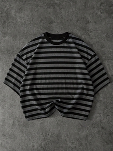 เสื้อเชิ้ตลำลองผ้าฝ้ายลายทางสำหรับผู้ชาย แขนสั้น ปกพับได้ - Product Image 1