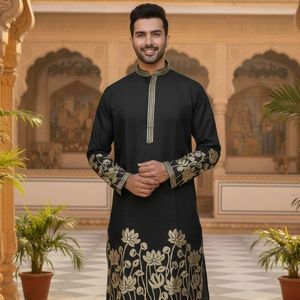 Royal Celebrity Silk Kurta <b>Pajama</b> <b>Set</b> with Gold Foil Embroidery Premium Ethnic Wear <b>for</b> Weddings, Festivals And Special Occasion - Product Image 2