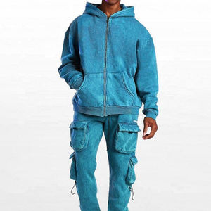 Conjunto de sudadera con capucha y pantalón de chándal gris liso de 500 gramos de alta calidad, con efecto desgastado por el sol y lavado ácido, de peso pesado, con cremallera. - Product Image 4