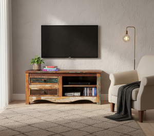 Meuble TV unique et durable en bois massif rustique récupéré, unité multimédia de style camion, vintage, recyclé, meubles de salon par des artisans - Product Image 2