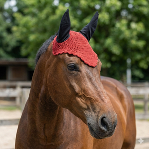 Voile anti-mouches rouge en crochet pour cheval, cache-oreilles noirs faits main, bonnet équestre rembourré doux et confortable, haute qualité pour l'équitation - Product Image 3