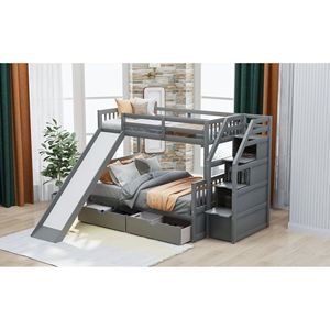 Letto a Castello Multifunzione Grigio con Cassetti Portaoggetti e Scivolo per Bambini - Product Image 5