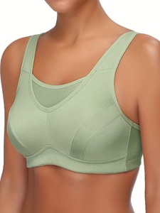 Sujetador deportivo para mujer con tirantes ajustables, panel superior de malla, cierre trasero, soporte completo, ropa deportiva. - Product Image 1