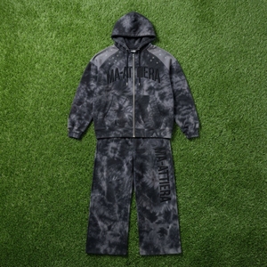 Ensemble survêtement streetwear homme noir et gris tie-dye avec sweat à capuche zippé et pantalon large, détail manches orné de strass, personnalisable OEM ODM - Product Image 5