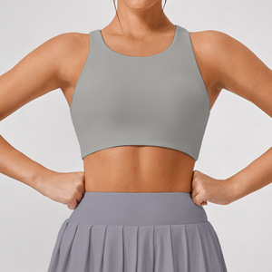 Soutien-gorge de sport yoga pour femme bleu marine à bretelles convertibles, taille mi-haute, sans couture, respirant, extensible, avec logo frontal - Product Image 3