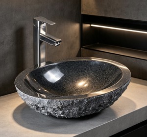 Vasque en granit naturel, lavabo rond, finition polie, montage sur le dessus, robinet à un seul trou, design minimaliste, vasque de salle de bain - Product Image 1