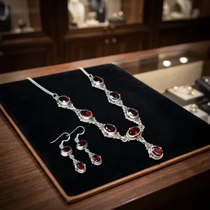 Red Garnet Sterling Silver Handcrafted Necklace Earrings Jewelry Set With Elegant Link Design Natural Gemstone For Women - Product Image 4