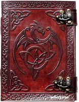 Diario Vintage A5 Grimoire con diseño de dragón naranja, cubierta de cuero repujado, cuaderno de bocetos con dos cierres, borde deshilachado, ecológico y personalizado.
