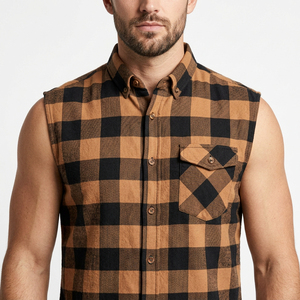 Chemise en flanelle à carreaux sans manches pour homme, col rabattu, tenue décontractée d'automne, 100% coton, motif à carreaux tissé - Product Image 5