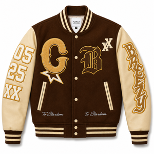 เสื้อแจ็คเก็ตหนังสีเขียวป่า แขนหนังสีน้ำตาล สำหรับผู้ชาย สไตล์ Letterman แบบเบสบอล คอตั้ง ปิดด้วยซิป ระบายอากาศได้ดี - Product Image 6