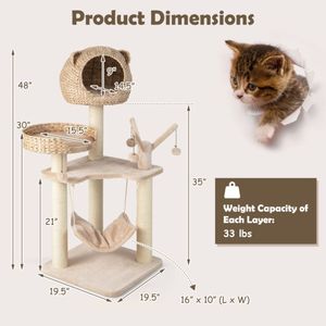 Classico Albero per Gatti a Cinque Piani con Amaca, in Legno Massello e Tiragraffi in Sisal, Grande Cuccia per Gatti per Tirare e Giocare - Product Image 5