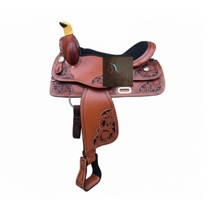 Western Brown <b>Leather</b> Floral Hand <b>Tooled</b> Barrel Racing Horse Saddle Metal Conchos Studded Black Suede Seat 10" to 18" Inch - Product Image 1