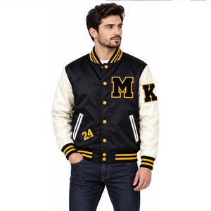 Chaqueta Varsity para Hombre, Negra y Crema, con Letra M Bordada en PU, Estilo Preppy, Cuello Camisero, Corte Regular, Otoño - Product Image 4