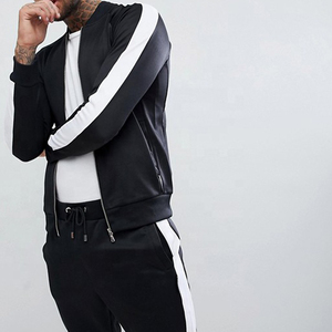 Survêtement Homme Rayé Noir et Blanc, Coupe Ajustée, Fermeture Éclair Intégrale, Style Urbain, Respirant, en Polyester, Joggers Décontractés Printemps - Product Image 3
