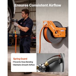Enrouleur de tuyau d'air hybride 3/8 pouce x 50 pieds à enroulement automatique pour compresseur d'air, 300 PSI max, avec câble de 5 pieds et cliquet rétractable - Product Image 6