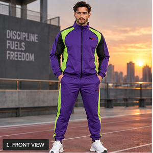 Premium Men Purple Lime Green Windbreaker Tracksuit Set Windproof Full Zip Athletic Elastic Cuff <b>Track</b> <b>Pants</b> OEM Manufacturer - Product Image 1