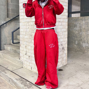 Men's Red Full Zip Hooded Lightweight High Quality <b>Tracksuit</b> Loose Fit Streetwear Autumn Cotton Sweatpants Side Pockets Solid - Product Image 2
