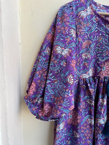 เดรสยาวผ้าฝ้ายพิมพ์ลายด้วยมือ 100% สำหรับผู้หญิง คอกลม แขนยาว ลายดอกไม้ สไตล์อินเดีย ชุดลำลองสำหรับฤดูร้อน - Product Image 5