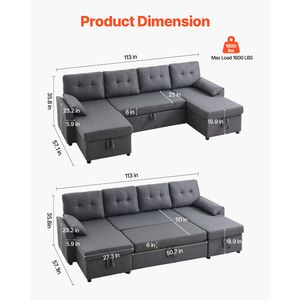 Divano Letto Convertibile a U con 2 Tasche Laterali, 2 Cuscini, Chaise Longue Doppia, 6 Posti, Divano Letto Estraibile a L con 2 Tasche Laterali - Product Image 2