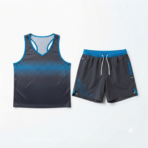 Ensemble de débardeurs sportifs pour hommes, imprimé géométrique, séchage rapide, polyester, tenue d'entraînement d'été, bleu noir, col en V, shorts - Product Image 3