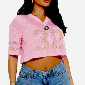 Jersey Corto de Malla Rosa con Pedrería Estilo Fútbol Americano, Cuello en V, Transpirable, Poliéster, Ropa Deportiva Personalizada, Marca Privada, OEM, EE. UU. - Product Image 1