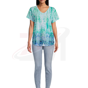 Camiseta de Mujer con Cuello en V, Manga Corta, Estampada, Corte Holgado, Estilo Casual, para Primavera/Verano, Tejido de Punto Transpirable, Verde/Azul - Product Image 5
