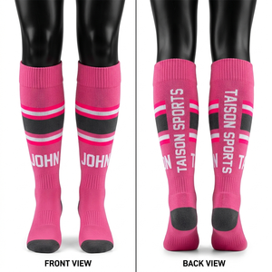 Women Ice Hockey <b>Socks</b> 220 GSM Premium Polyester Cotton Blend Knit Orange Striped Panel Design Custom Jacquard Logo - Product Image 2