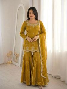 Ensemble Sharara Palazzo brodé pour femme, robe traditionnelle avec dupatta, manches longues, longueur au sol, tenue de mariage ou de fête - Product Image 2