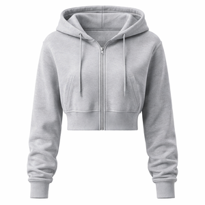 Wholesale Custom Grey <b>Cropped</b> <b>Zip</b> <b>Up</b> Hoodie for Women - OEM Manufacturer & Factory Direct Supplier - Product Image 1
