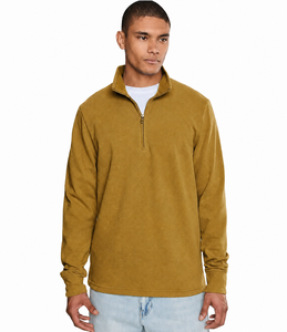Sweat-shirt en molleton léger à col montant, coupe classique, couleur moutarde, avec logo brodé personnalisé de haute qualité, fermeture éclair quart de tour, unisexe - Product Image 1